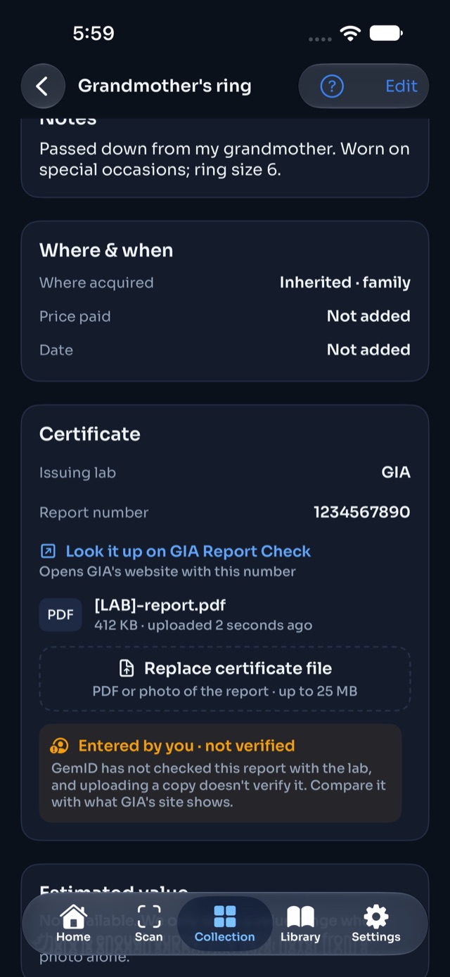 Certificate details with the GIA Report Check link