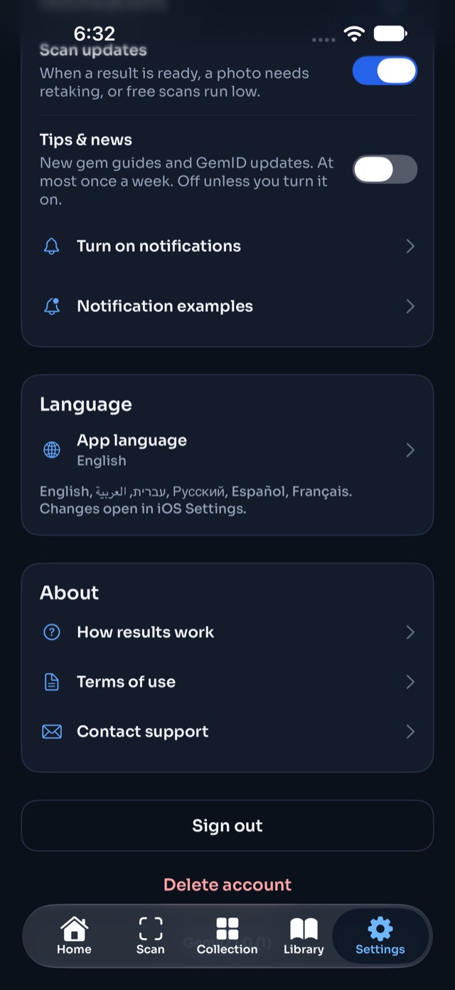 Settings screen with the Delete account option
