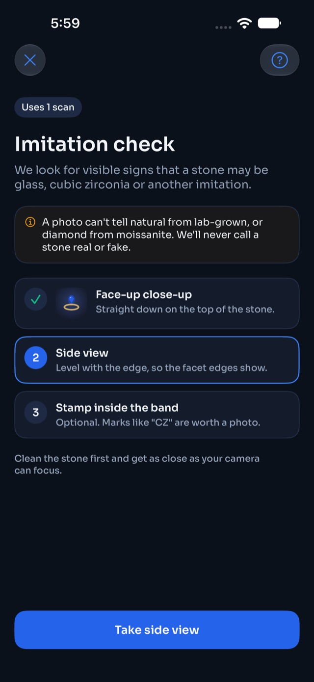 Imitation check asking for face-up and side close-ups