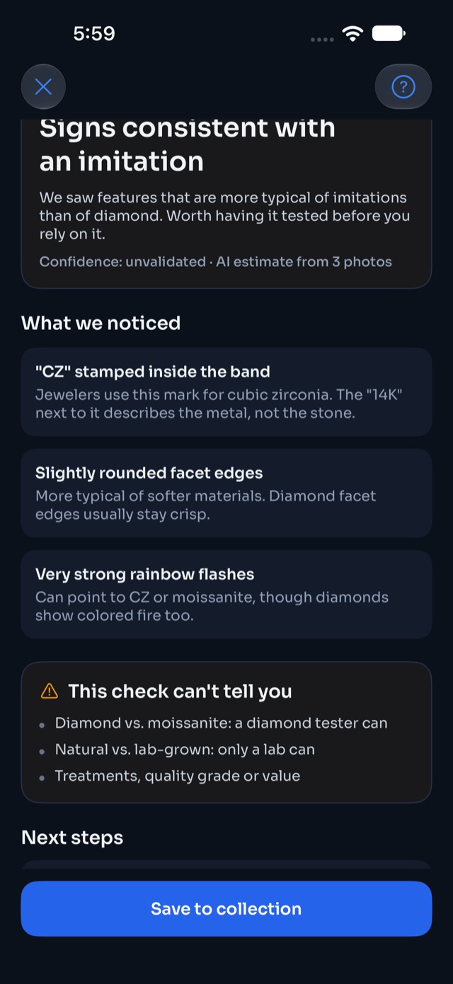 Imitation check outcome with the observed signs listed