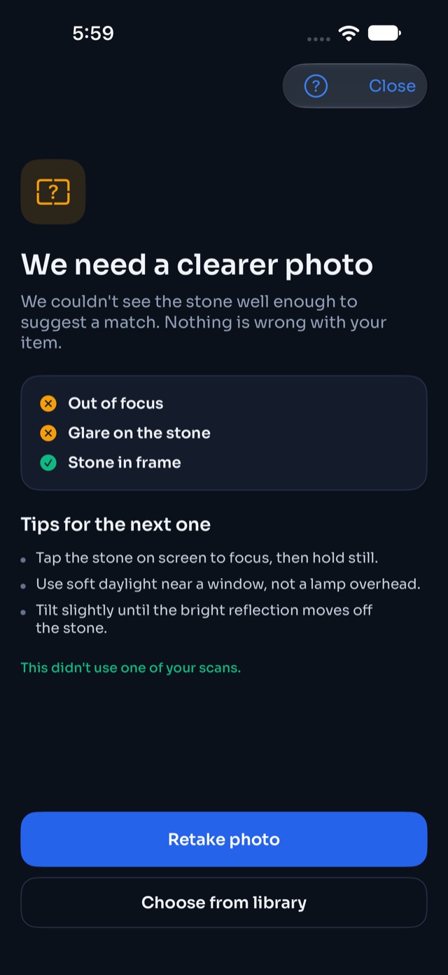 The "Needs a better photo" screen explaining what to fix