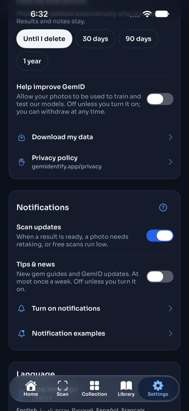 Notification settings with Scan updates and Tips & news