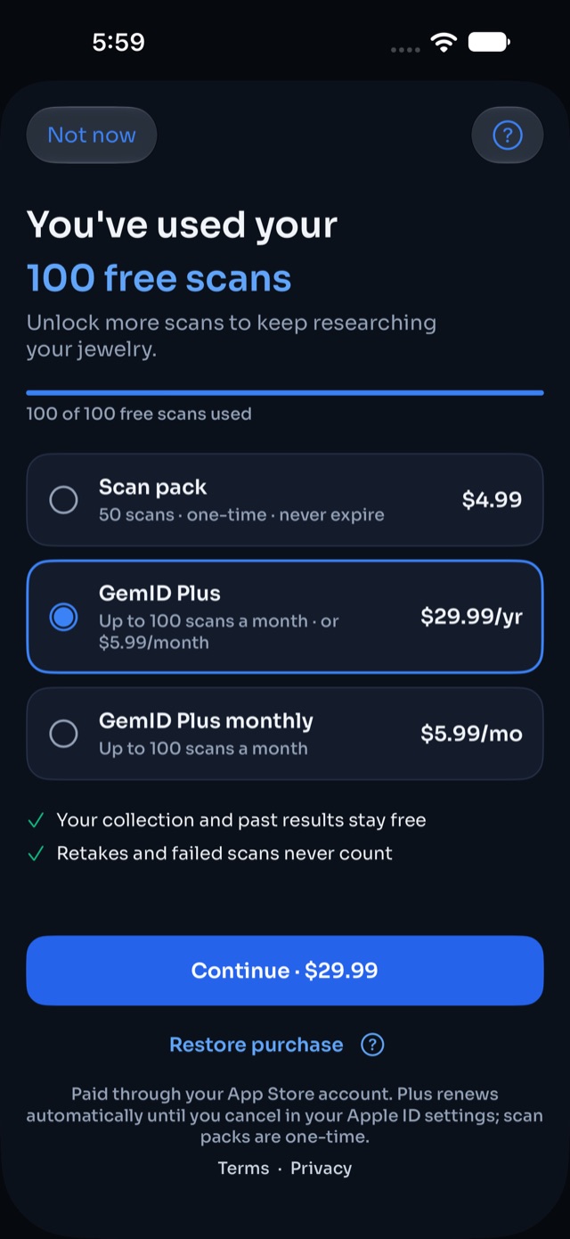 Scan options: the 50-scan pack and GemID Plus