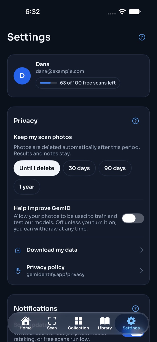 Privacy settings with photo retention and Help improve GemID