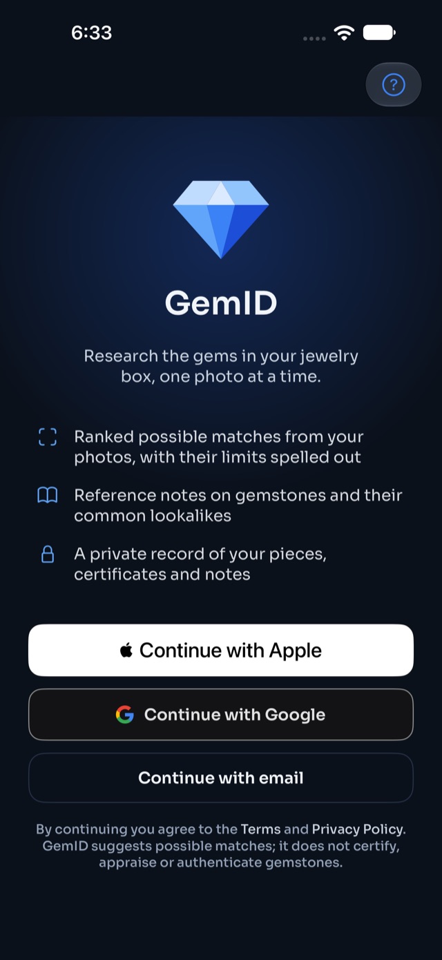 Sign-in screen with Apple, Google and email options