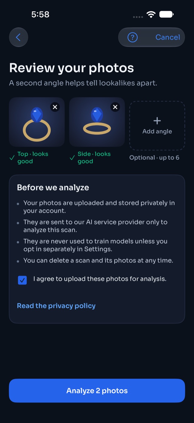 Photo upload consent explaining photos are sent to an AI provider